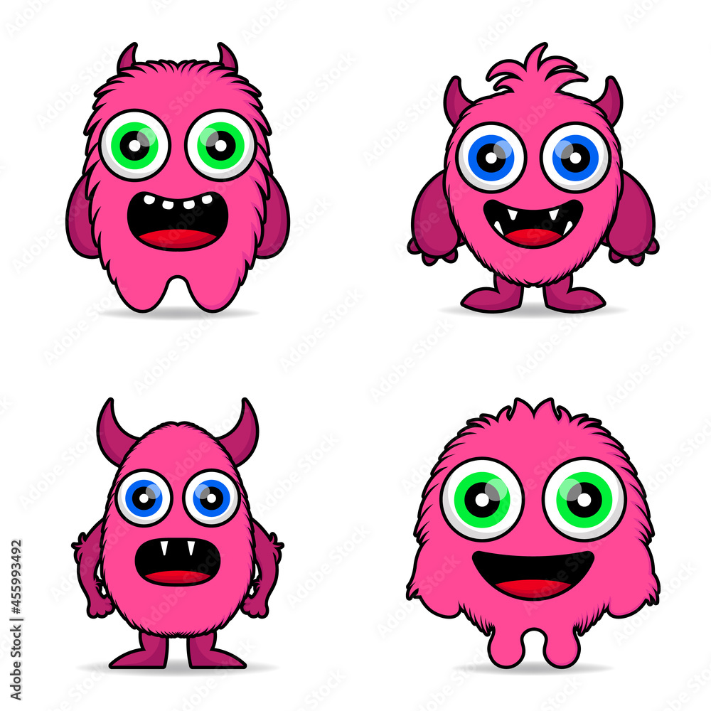 Fototapeta premium set cute furry monster pink design mascot kawaii