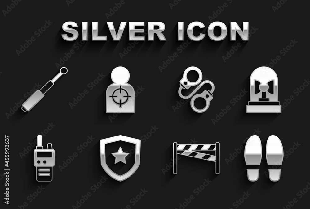 Set Police badge, Flasher siren, Footsteps, Crime scene, Walkie talkie, Handcuffs, Telescopic baton and Human target sport for shooting icon. Vector Set Police badge, Flasher siren, Footsteps, Crime scene, Walkie talkie, Handcuffs, Telescopic baton and Human target sport for shooting icon. Vector
