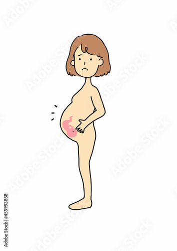 困り顔の裸の妊婦と胎児のイメージイラスト