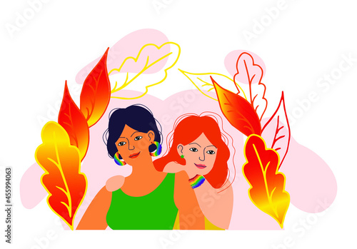 Lgbt lesbian women girls couple. Two lovers are hugging. Make love concept. Happy smiling homosexual females enjoy togetherness. Flat vector style