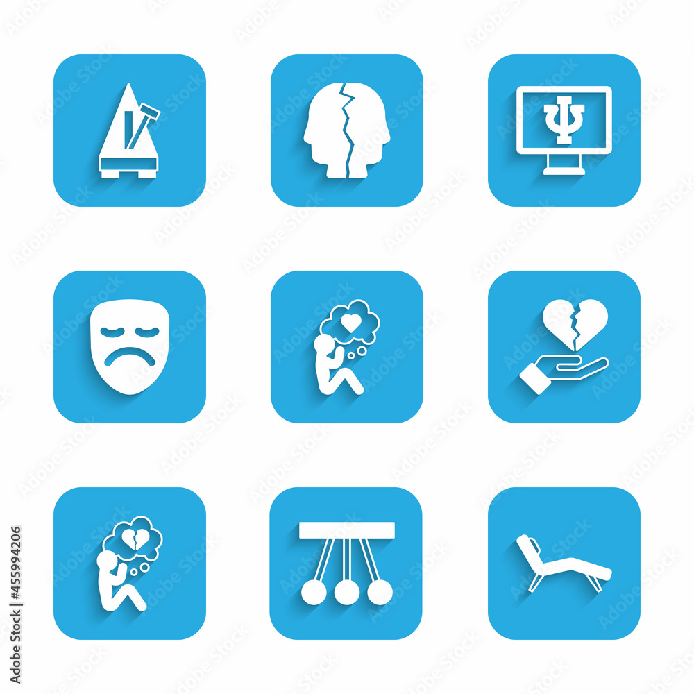 Set Head with heart, Pendulum, Armchair, Broken or divorce, Drama theatrical mask, Psychologist online and Metronome pendulum icon. Vector Set Head with heart, Pendulum, Armchair, Broken or divorce, Drama theatrical mask, Psychologist online and Metronome pendulum icon. Vector