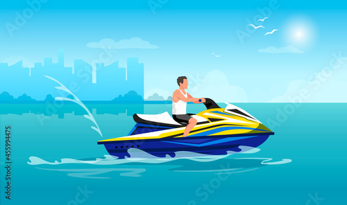 Man is driving on jet ski at sea resort. Cityscape with horizon and sun in the background. Concept of entertainment and recreation. Vector graphic illustration