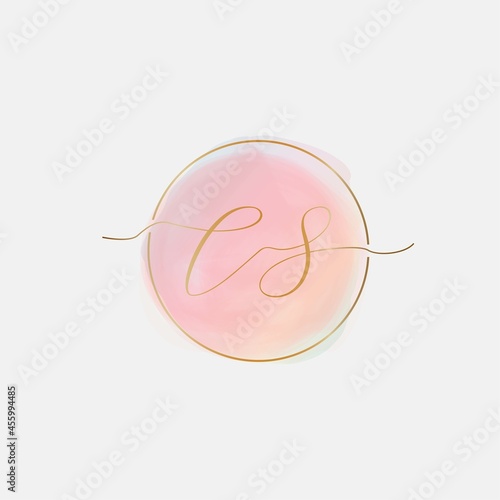 Letter CS Watercolor logo branding with Golden initials, Pink blush, Feminine luxury logo design template - Vector