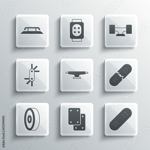 Set Knee pads, Skateboard, Broken skateboard deck, wheel, ball bearing, Tool allen keys, stairs with rail and icon. Vector