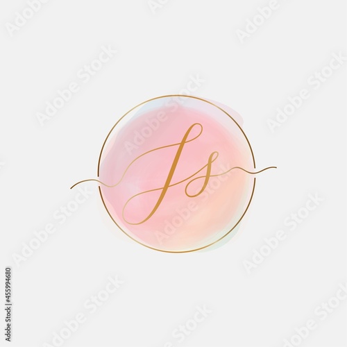 Letter JS Watercolor logo branding with Golden initials, Pink blush, Feminine luxury logo design template - Vector