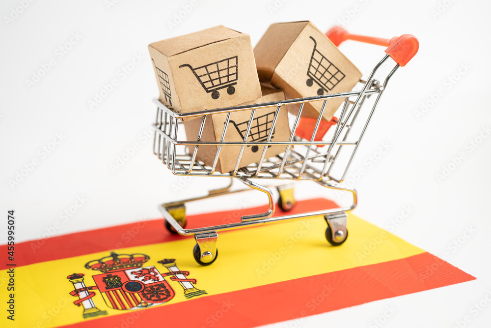Box with shopping cart logo and Spain flag, Import Export Shopping online or eCommerce finance delivery service store product shipping, trade, supplier concept.