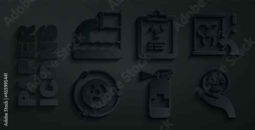 Set Fire extinguisher, Radioactive waste barrel, Radiation warning document and Wastewater icon. Vector