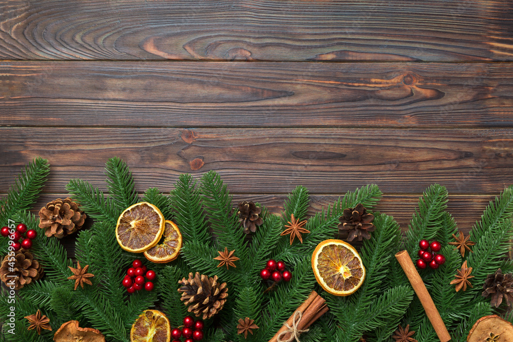 Christmas background with fir branches and Christmas decor. Top view, copy space for text Christmas background with fir branches and Christmas decor. Top view, copy space for text