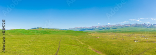 Green grassland and mountain natural landscape in Nalati grassland Xinjiang China.Aerial view.Nalati Grassland is China s sky grassland.