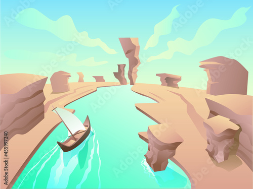Egyptian desert with river and mountain. Vector cartoon illustration of landscape with yellow sand dunes, blue water of Nile, ancient boat of Egypt pharaoh.