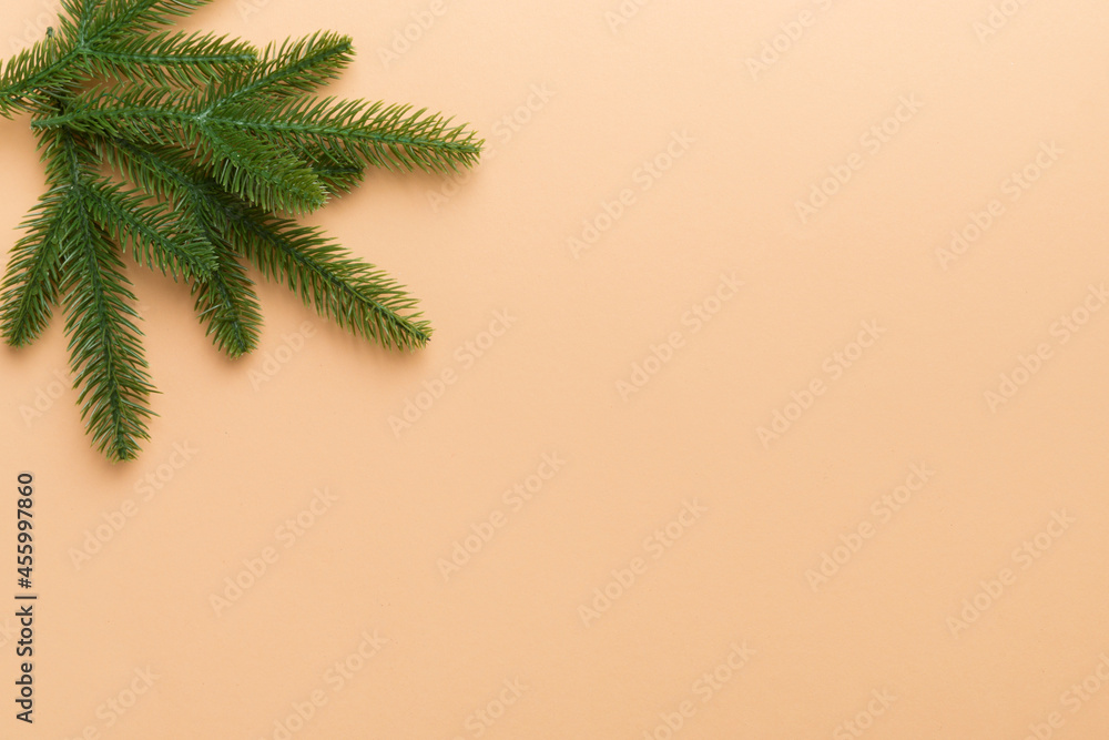 Christmas holiday background with copy space for advertising text. Fir branches on color background . Flat lay, top view Christmas holiday background with copy space for advertising text. Fir branches on color background . Flat lay, top view
