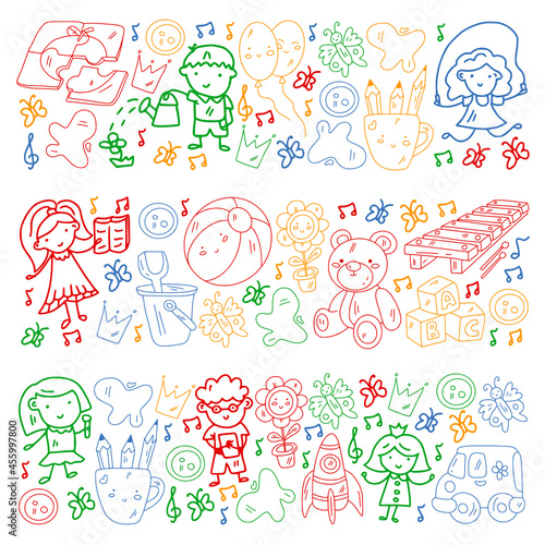 Kindergarten pattern with little children and toys. Creativity and imagination.
