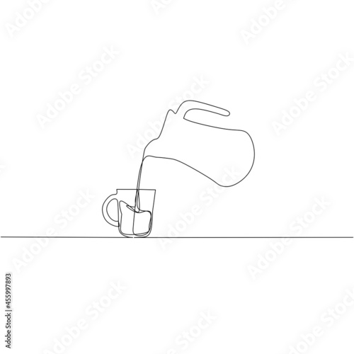 Continuous line drawing of teapot with mug, object one line, single line art, vector illustration