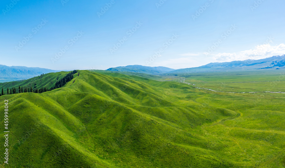 Green grassland and mountain natural landscape in Nalati grassland,Xinjiang,China.Aerial view.Nalati Grassland is China's sky grassland.