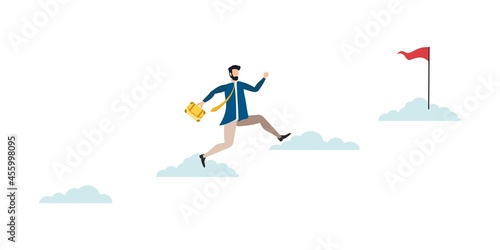 businessman goes to the goal. flat design style minimal vector illustration, businessman holding a flag at the top of a column column.