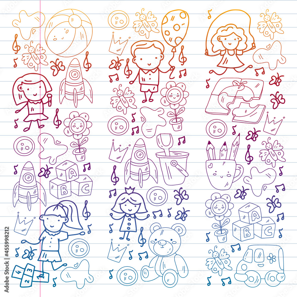 Kindergarten pattern with little children and toys. Creativity and imagination. Kindergarten pattern with little children and toys. Creativity and imagination.