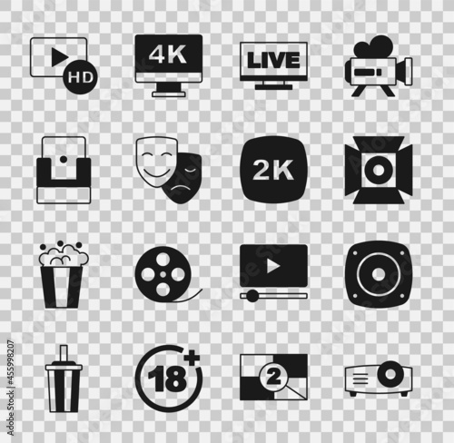 Set Movie, film, media projector, Stereo speaker, spotlight, Live stream, Comedy and tragedy masks, Cinema chair, Hd movie, tape, frame and 2k Ultra HD icon. Vector