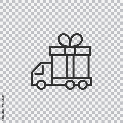 Delivery truck with gift box thin line vector icon isolated on transparent background. Editable stroke.