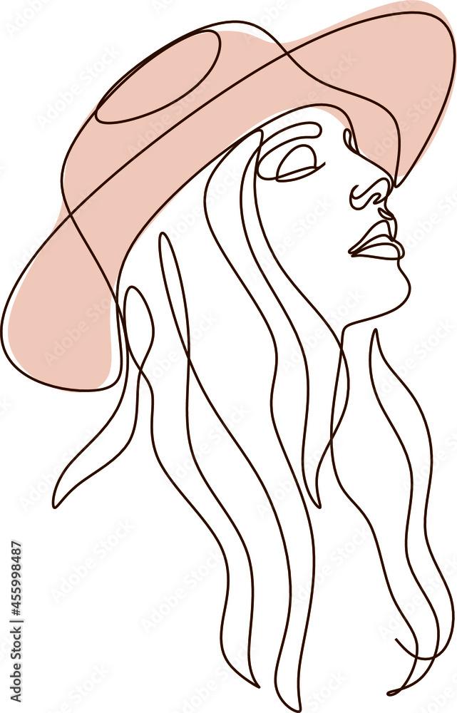 Woman in hat Continuous one line art. Minimalist portrait of female with abstract pastel shape for a logo, emblem or web banner. Beauty boho modern illustration Woman in hat Continuous one line art. Minimalist portrait of female with abstract pastel shape for a logo, emblem or web banner. Beauty boho modern illustration