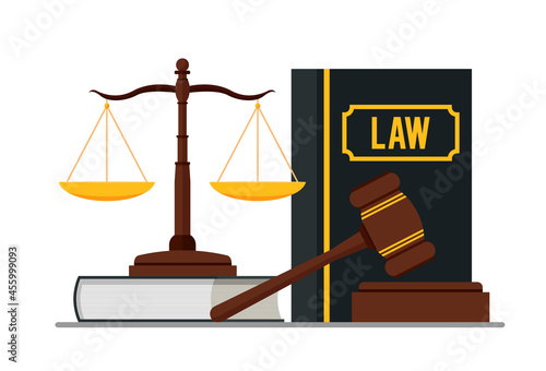 Law and justice concept isolated on blue background. Scales of justice, gavel and books. Vector stock