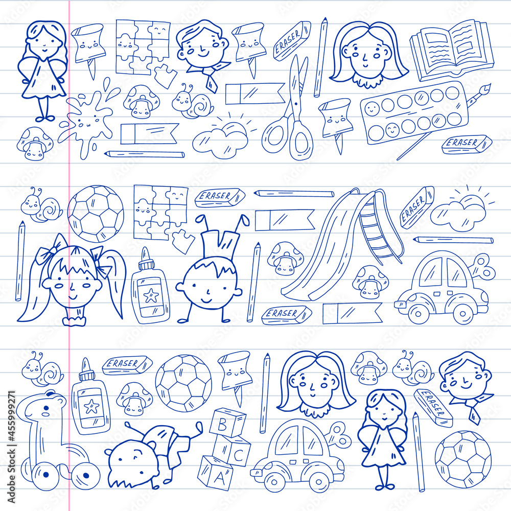 Kindergarten pattern with little children and toys. Creativity and imagination. Kindergarten pattern with little children and toys. Creativity and imagination.