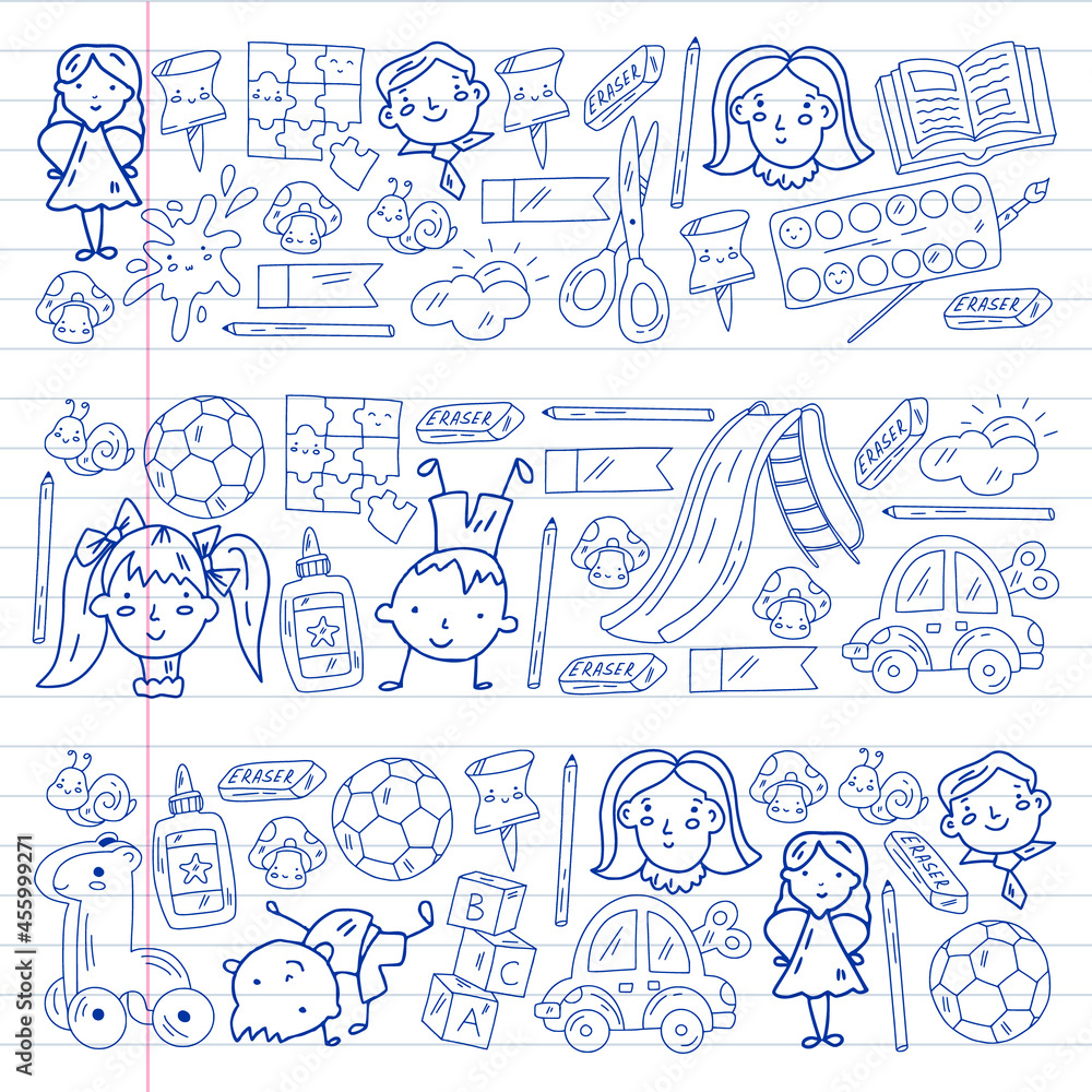 Kindergarten pattern with little children and toys. Creativity and imagination.