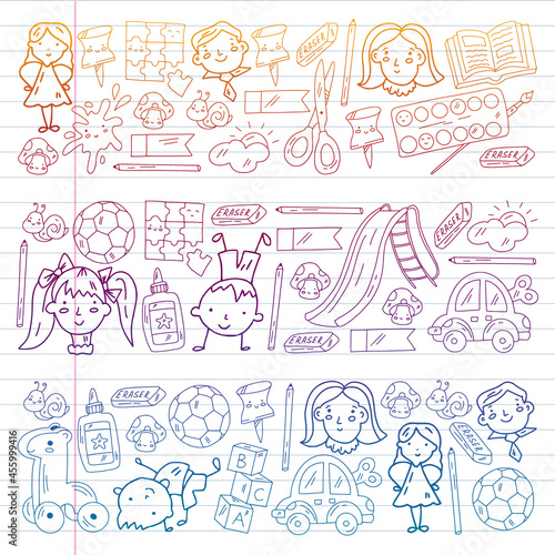 Kindergarten pattern with little children and toys. Creativity and imagination.
