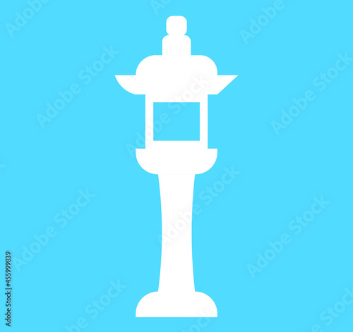 vector illustration of a japanese garden lantern. White silhouette isolated on blue. Pedestrial traffic sign