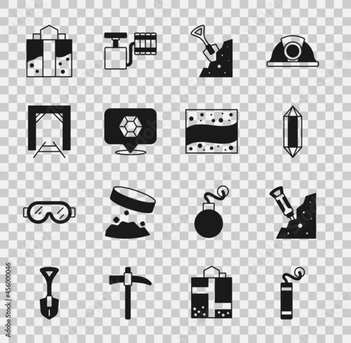 Set Dynamite, Construction jackhammer, Gem stone, Shovel and, Mine entrance, and Gold mine icon. Vector