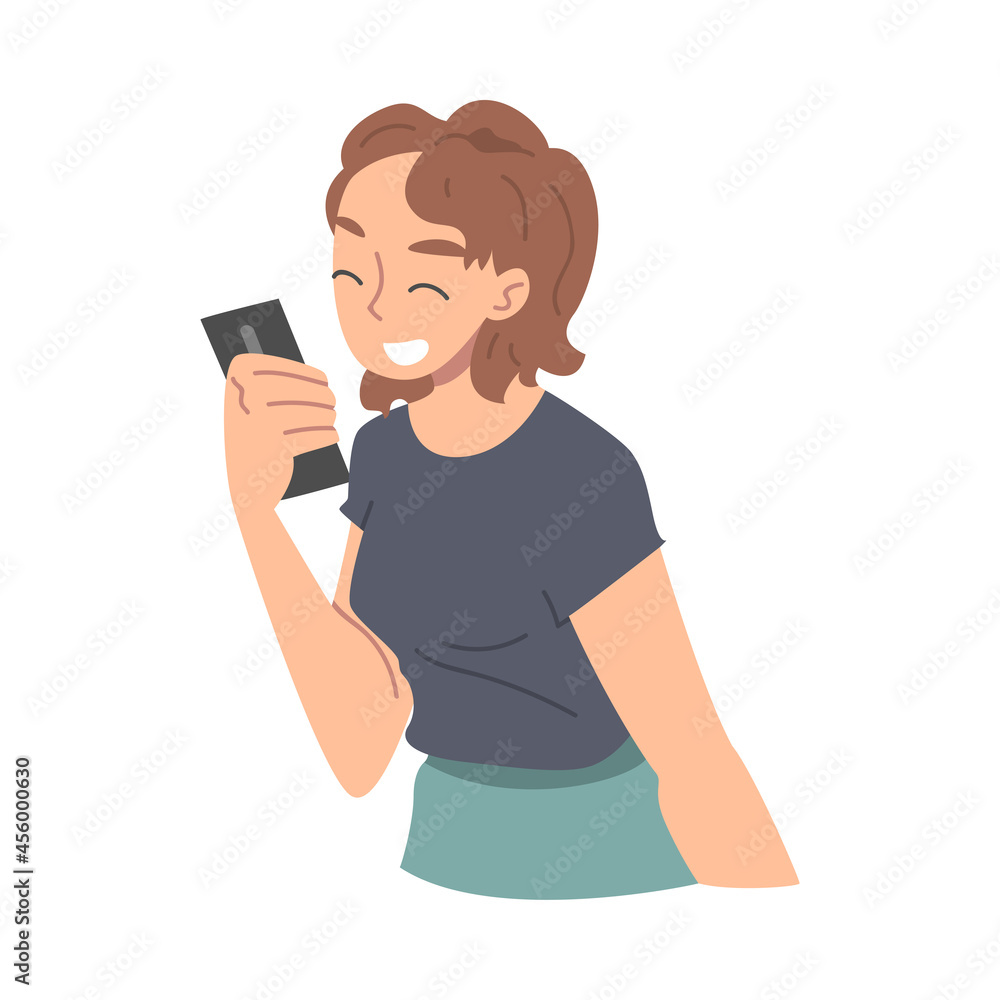 Woman Character Receiving Good News Reading Message and Smiling Happily Vector Illustration Woman Character Receiving Good News Reading Message and Smiling Happily Vector Illustration