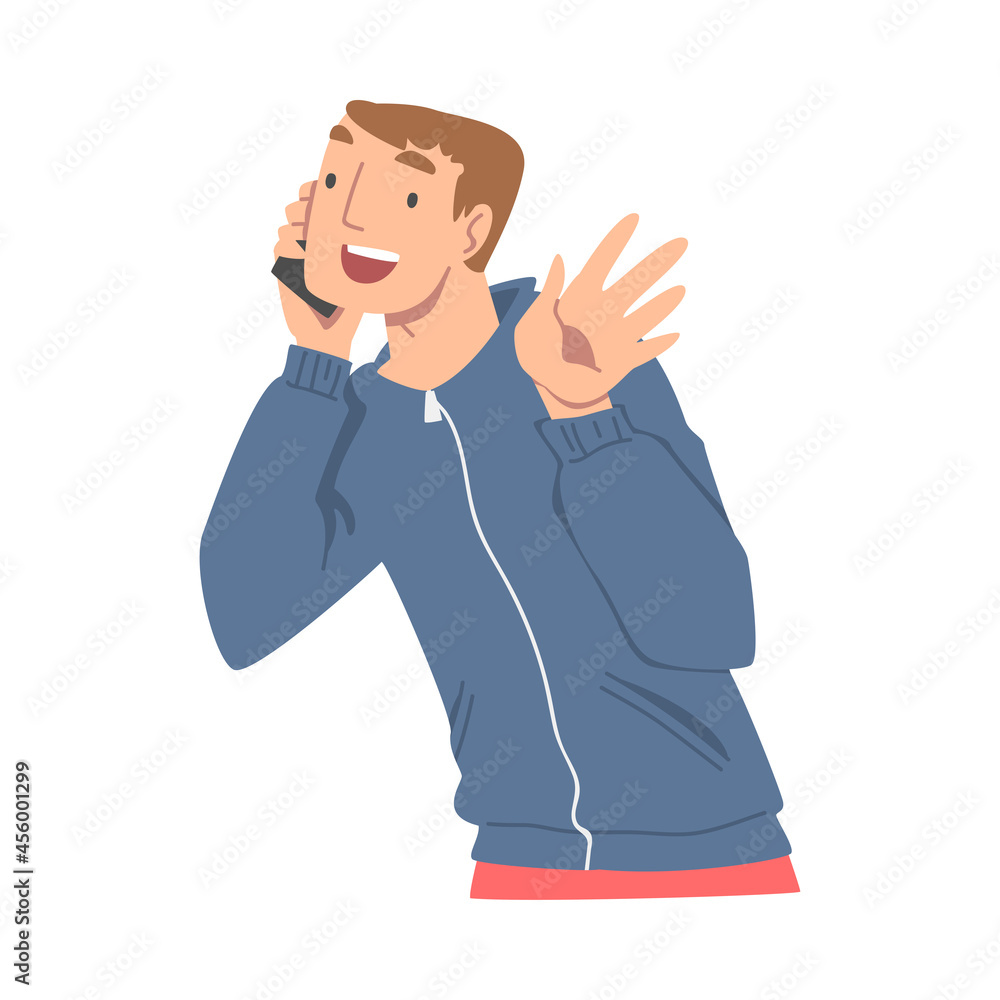 Excited Male Receiving Good News Speaking by Phone and Smiling Happily Vector Illustration