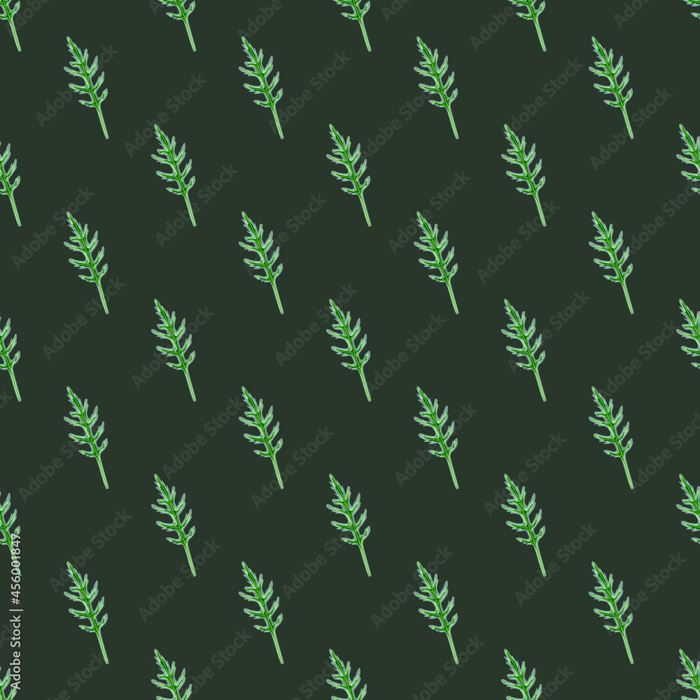 Fototapeta premium Seamless pattern bunch arugula salad on dark teal background. Minimalistic ornament with lettuce.