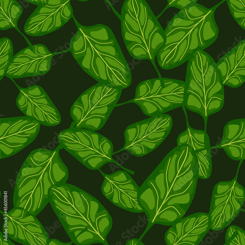 Seamless pattern Spinach salad on dark background. Modern ornament with lettuce.