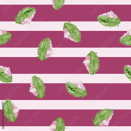 Seamless pattern lola rosa salad on stripes pink background. Abstract ornament with lettuce.