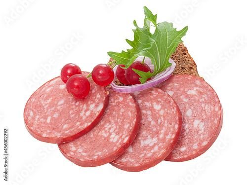 Semismoked Sausage Salami cutout. Sausage slice pieces. Salami isolated on white background photo