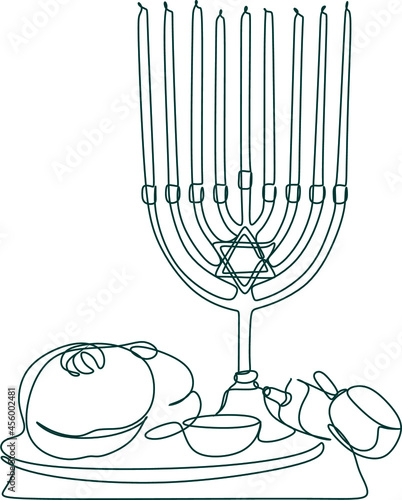 Hanukkah set of line art menorah icon isolated on black background. Religion icon. Hanukkah traditional symbol. Line drawing of jew, jewish symbol