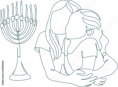 Hanukkah set of line art menorah icon isolated on black background. Religion icon. Hanukkah traditional symbol. Line drawing of jew, jewish symbol