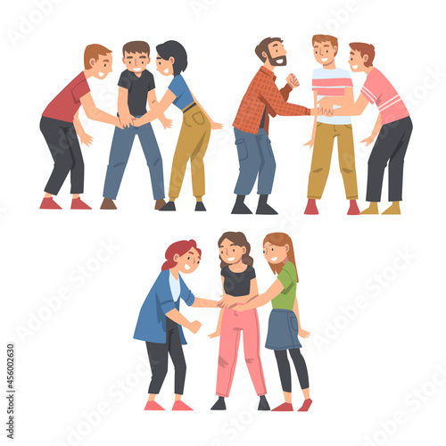 Happy People Character with Their Hands in Stack Putting Them Together Showing Unity and Solidarity Vector Set