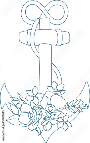 Fotografie Anchor with flowers line art. anchor vector. Sea minimal logo