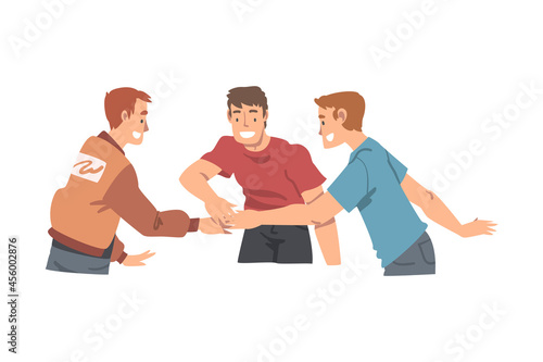 Happy Man Character with Their Hands in Stack Putting Them Together Showing Unity and Solidarity Vector Illustration