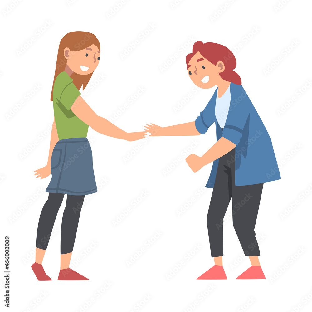 Happy Woman Character Putting Their Hands Together Showing Unity and Solidarity Vector Illustration
