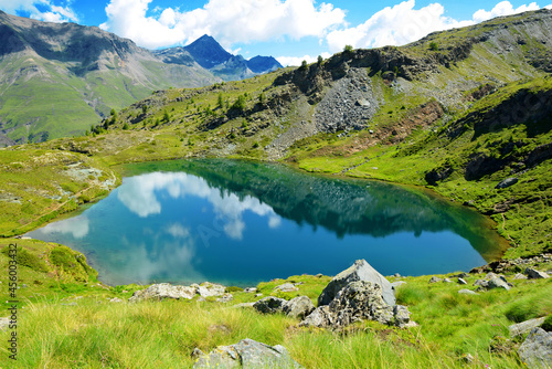 Mountain lake Lago di Loie in National park Gran Paradiso, Lillaz, Cogne, Aosta valley, Italy. Summer landscape in the Alps.