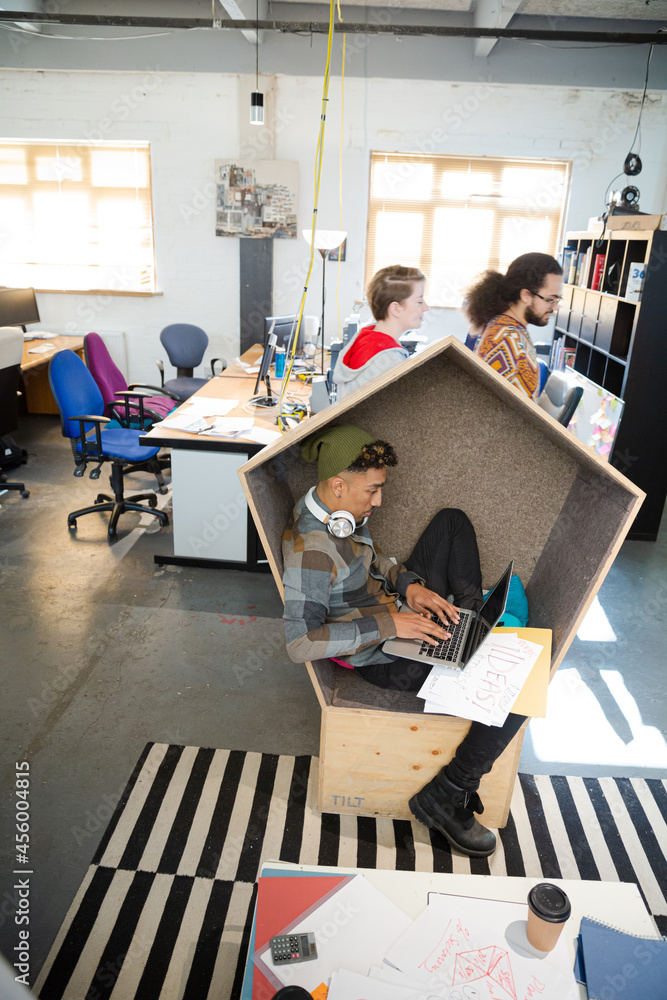 Fototapeta premium Young man working at laptop in modern armchair