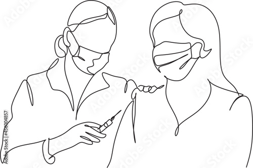 Astract doctor make injection to patient in medical mask. Covid-19 or coronavirus vaccine. Hand with Injection Symbol continuous line drawing. Syringe vaccination , Medical vector illustration. 