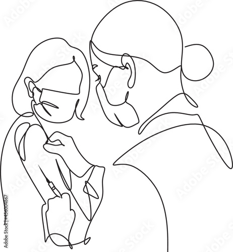 Astract doctor make injection to patient in medical mask. Covid-19 or coronavirus vaccine. Hand with Injection Symbol continuous line drawing. Syringe vaccination , Medical vector illustration. 