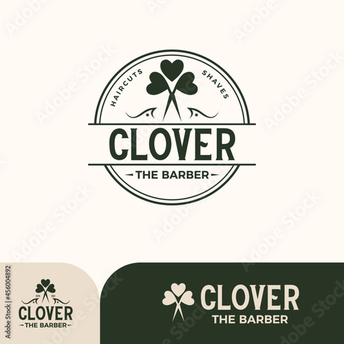 Clover Scissors  Barber Shop Simple Logo Monogram, Vintage flat simple style identity initial logo mark. Barber Shop Emblem logo vector for Barber Shop, Haircut, Company, Business, Brand Identity