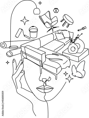 Interior designer minimal logo. Line art woman with interior objects flying out of her head. Sofa, armchair, paint, brush, vase