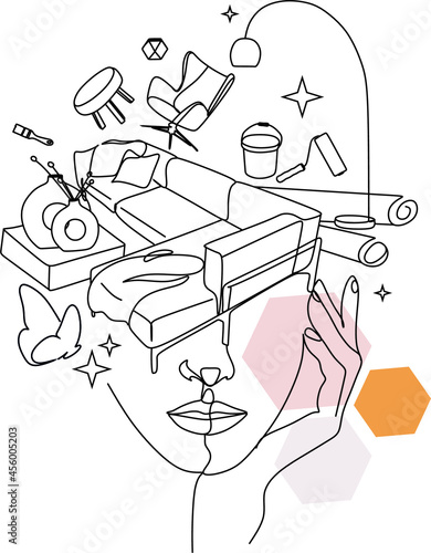 Interior designer minimal logo. Line art woman with interior objects flying out of her head. Sofa, armchair, paint, brush, vase