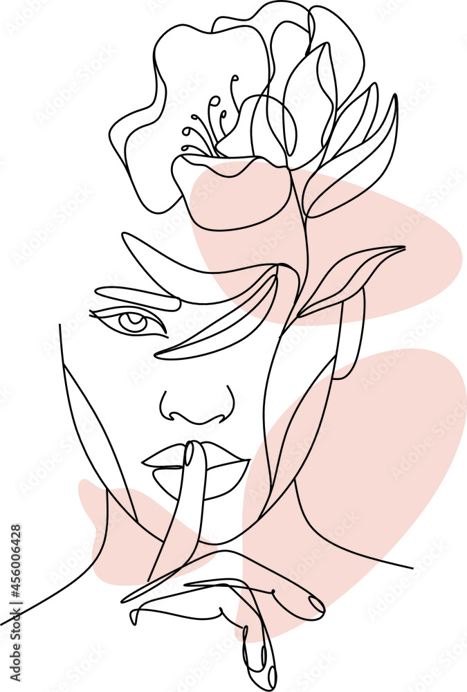 Minimal Line Art Woman with Flowers Poster. One line drawing flower
