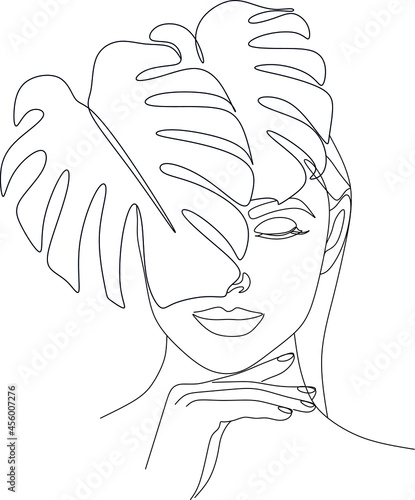Face with monstera leaves Line art. One Line drawing art. Continuous line icon for spa salon or organic cosmetics